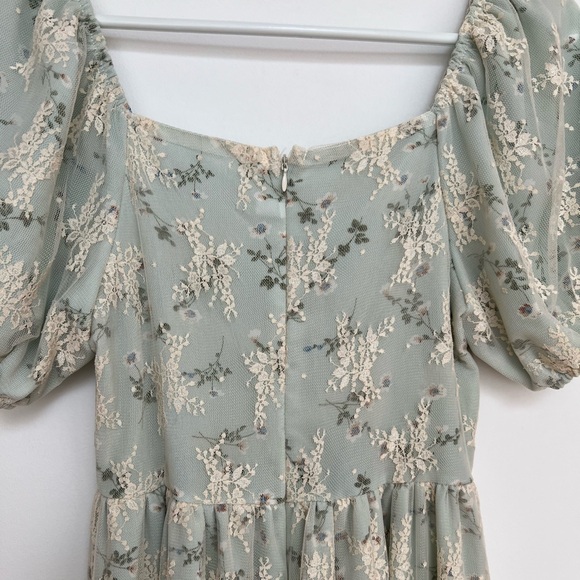 Cottagecore Whimsy Green Forest Fairy Lace Puff Sleeve Romantic Flowy Maxi Dress - Picture 6 of 7